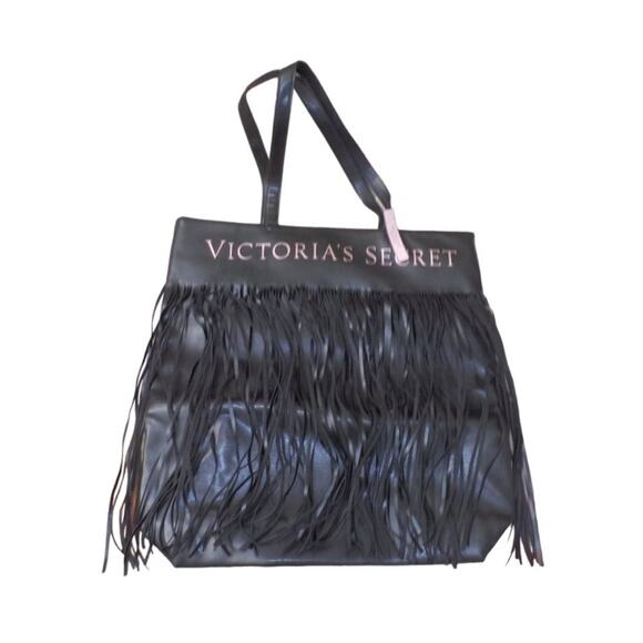 Victoria's Secret Handbags - Victoria's Secret Black Faux Leather Fringe Tote Bag NWT
